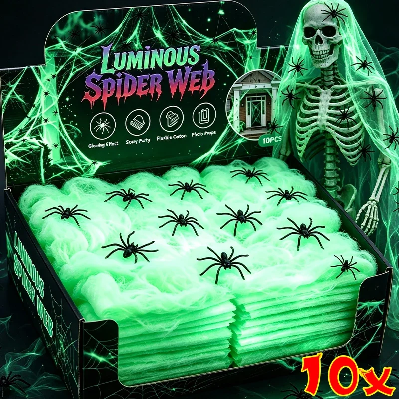 Image of Leuchtende künstliche Spinnweben mit Spinnen für Halloween, leuchten im Dunkeln, Outdoor-Dekorationsrequisiten, dehnbare, gruselige Spinnweben für Cosplay-Partys