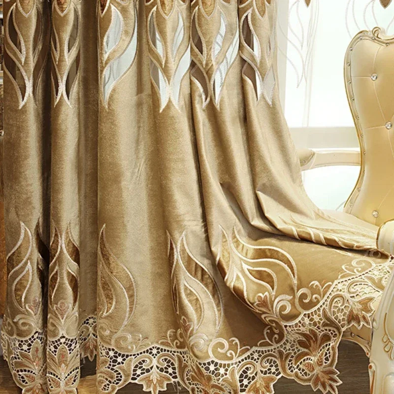 

Золотисто-коричневые вышитые фланелевые шторы из саржи для гостиной, спальни, французского окна, балкона, виллы по индивидуальному заказу