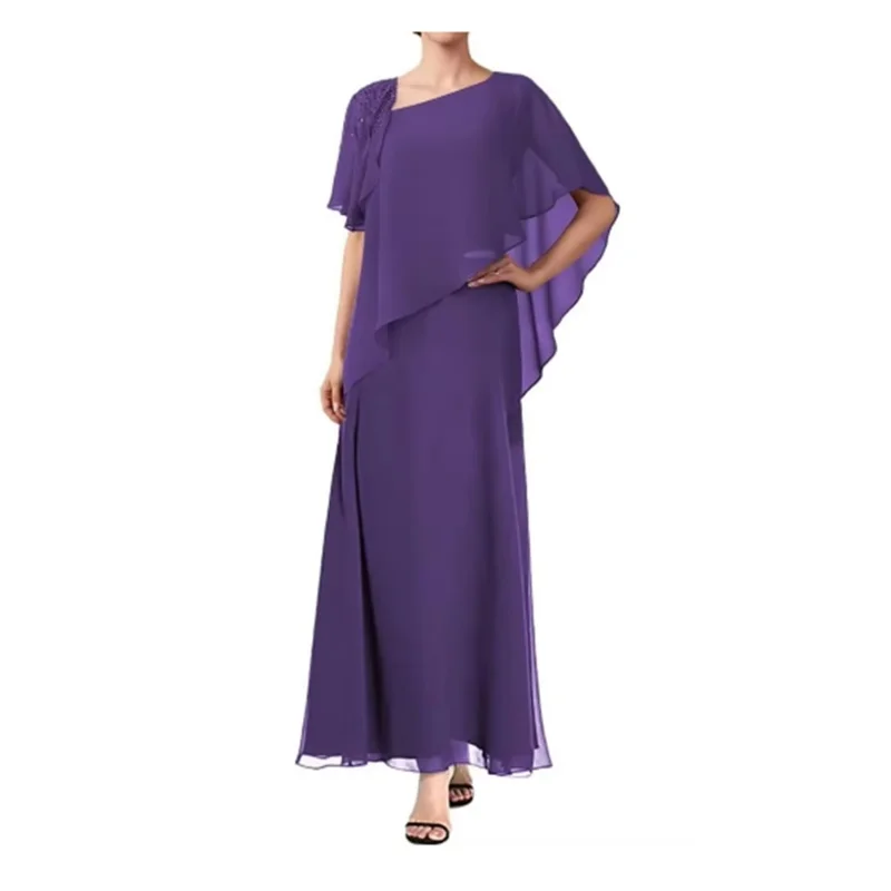 Vestido Chiffon com lantejoulas e miçangas para a mãe da noiva, uma linha, roupa formal longa, terno do casamento, vestidos do convidado