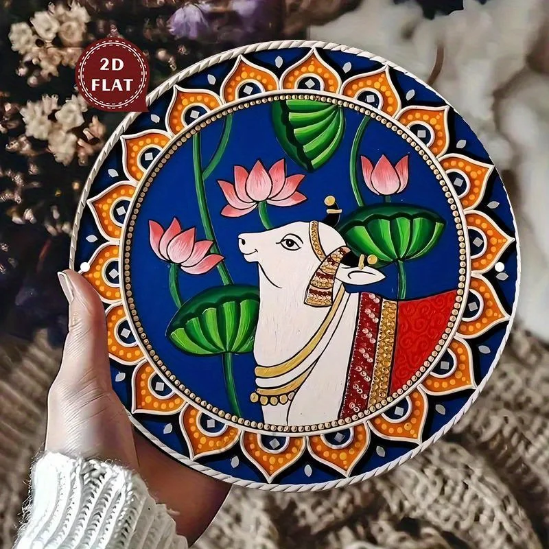 2D Flat - 1pc Vintage Indian Art Wooden Wall Decor | Waterproof and Dustproof, Lotus and Cow Design, Easy to Hang, High-Definiti