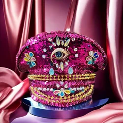 One-Eyed Sequined Navy Hat for Bachelorette Party, Rainbow Rhinestone and Gold Stud, Red, Wedding, Cruise Ship, Bars,Festival