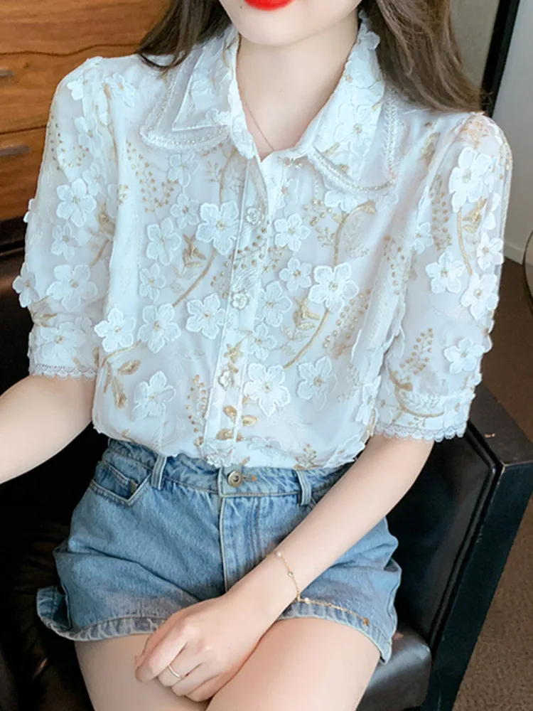 SMTHMA Summer New French Vintage Flower Embroidery Shirt Women\'s Fashion Design Elegant Lapel Short Sleeve Top