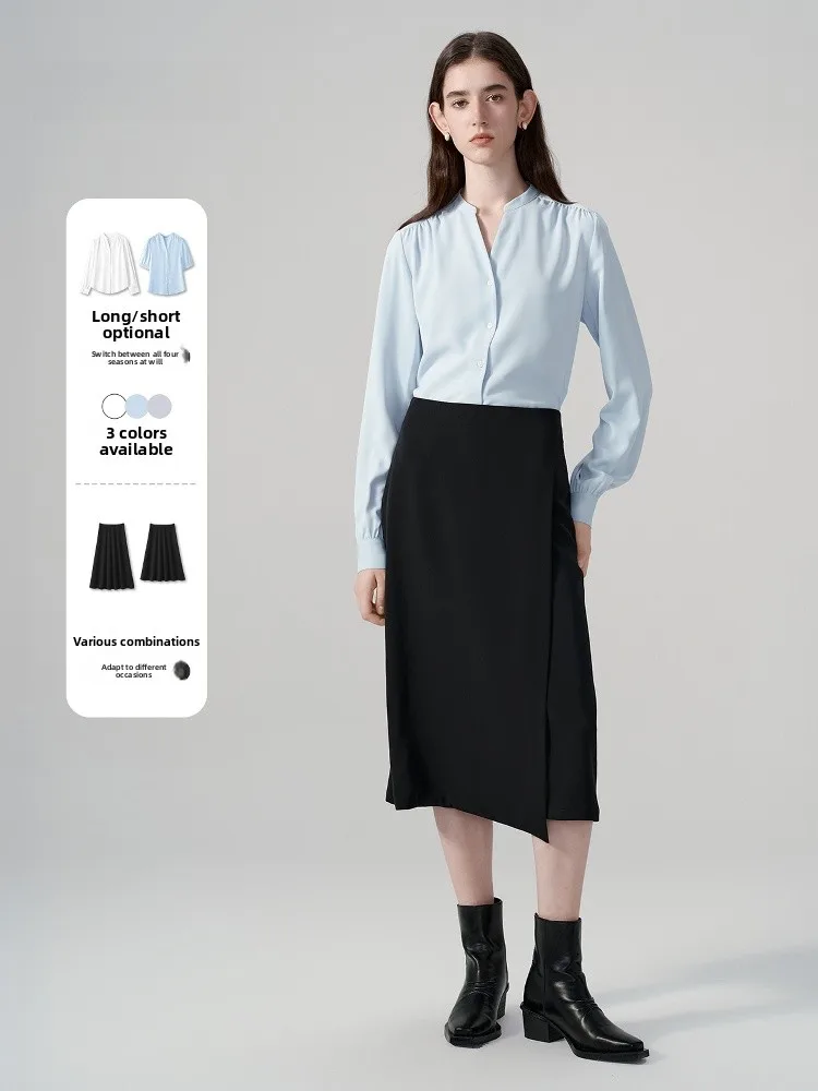 

Синяя женская осенняя блузка с юбкой V-Ne Long Sve irt для похудения и интервью для официальных поездок на работу