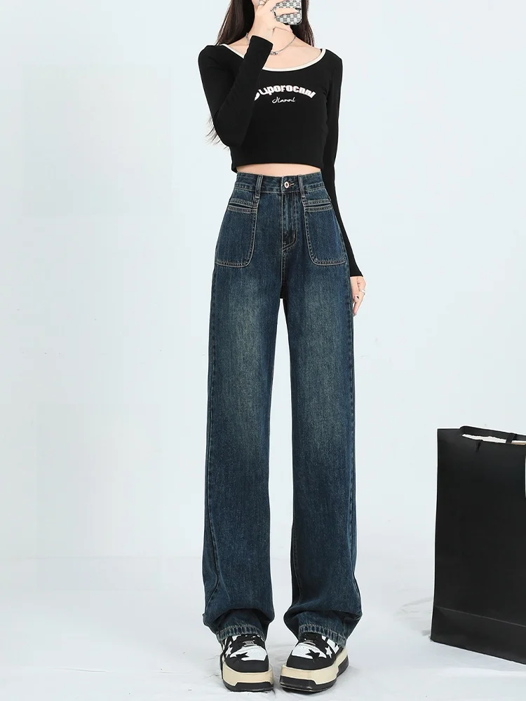 

Широкие джинсы на подкладке Fce, женские осенне-зимние джинсы с высокой талией и застежкой-молнией, длинные брюки из смеси хлопка и полиэстера, Resi...