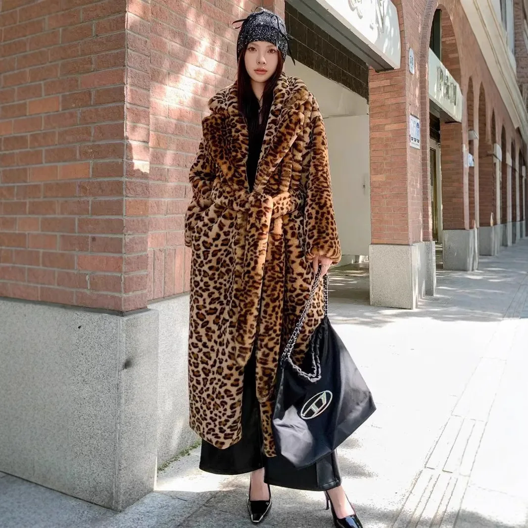 Women Faux Rabbit Fur Coats Long Jackets Lace Up Leopard Print Lapel Collar Long Sleeve Thick Warm Fur Casual 2025 Autumn Winter