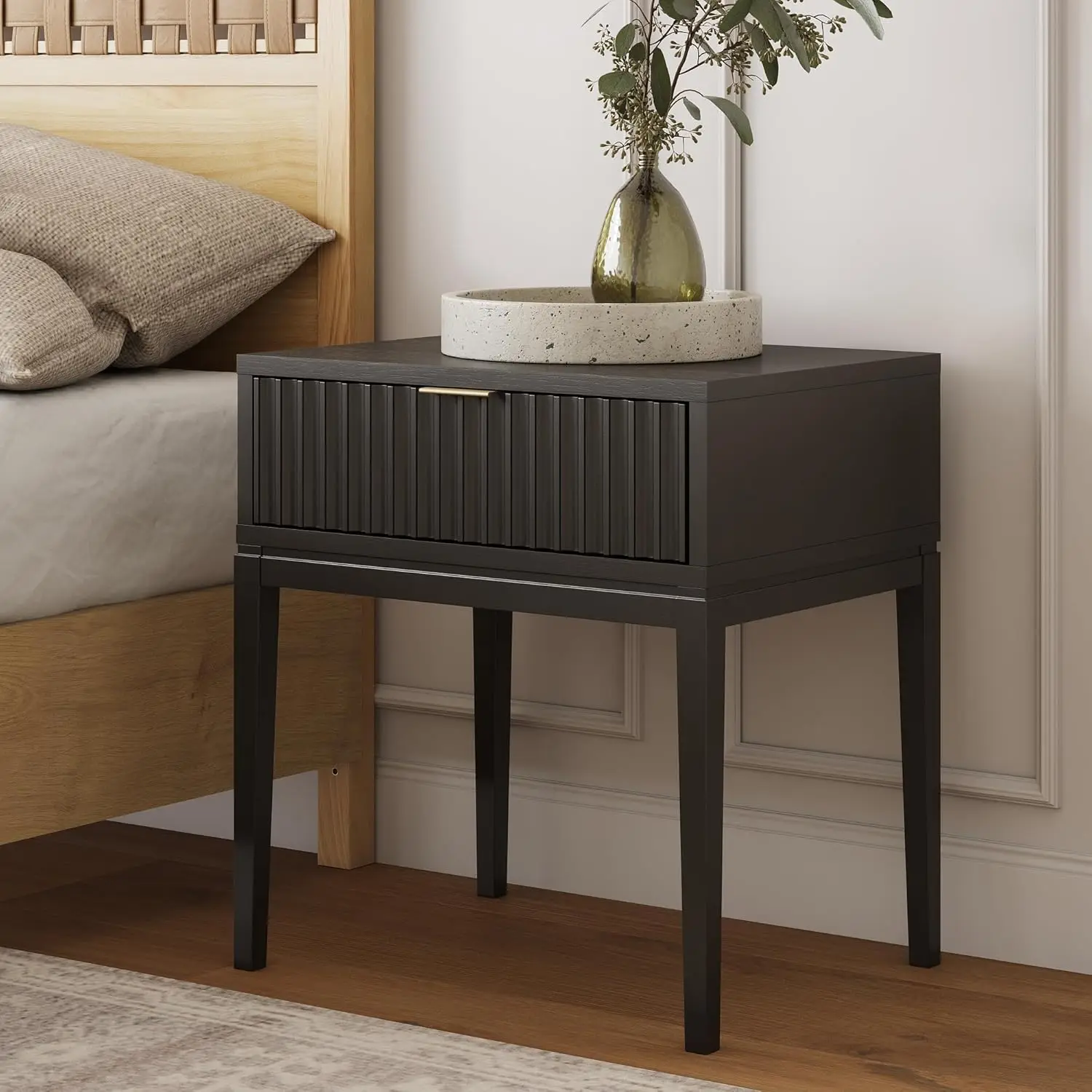 Jasper Boho Side Table, Solid Wood Bedroom Nightstand or Bedside Table with Drawer with Fluted Doors and Brass Handles, Black