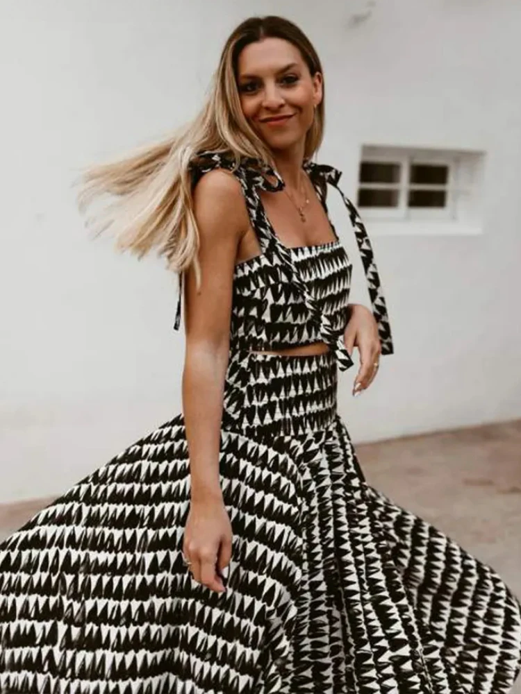 ZBZA Women's Printed Skirts Set Bow Tie Straps Straight Neck Backless Tops Low Waist Hidden Zip Skirt Summer New Female Chic Set