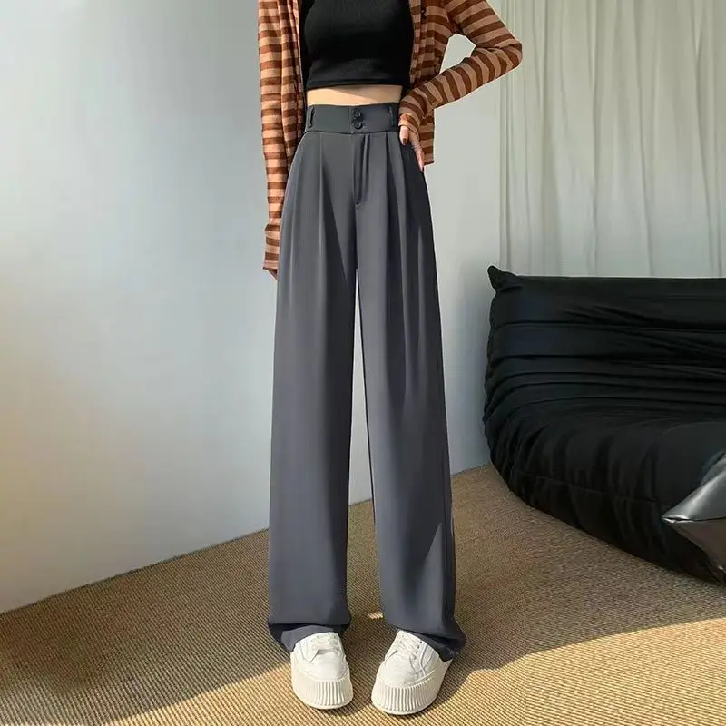 Grey Wide Leg Pants for Women with A High Waist and A Pear Shaped Figure. Large Size Straight Tube Casual Suit Pants