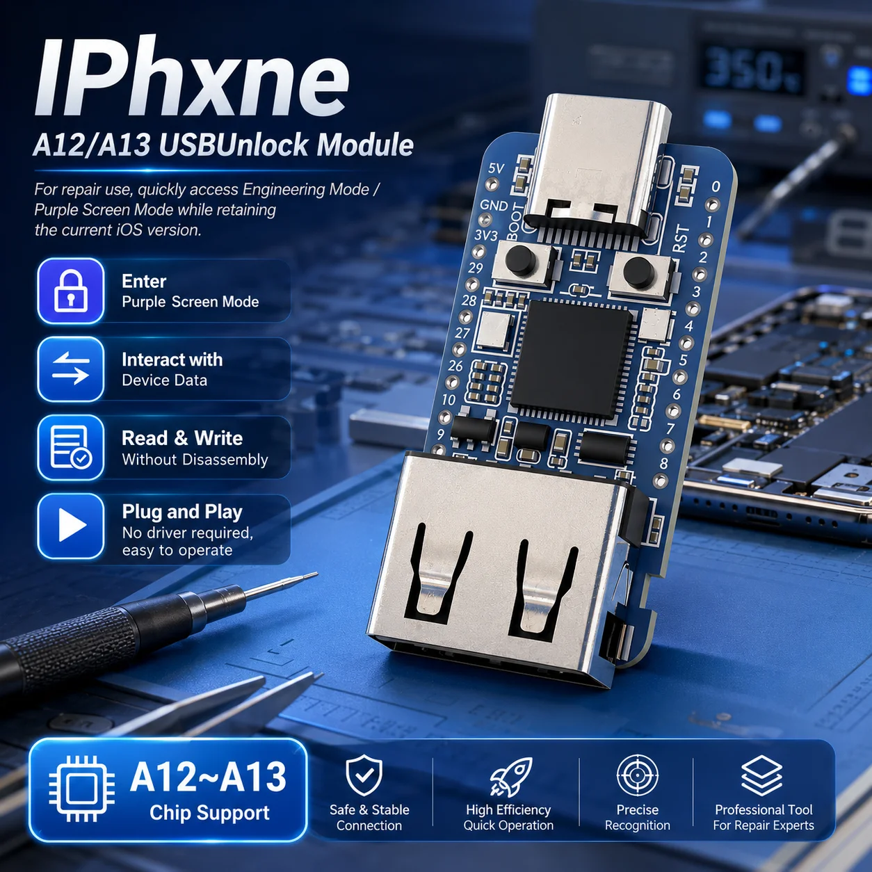 WL A12/A13 USB Unlock Module for IP XR XS 11 IPad Purple Screen Models Mode No Disassembly Plug and Play Auxiliary Repair Tool