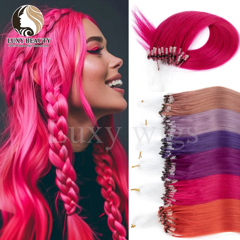 

Colored Pink Micro Loop Human Hair Extensions Micro Loop Fishing Line Hair Extensions Purple Blue Micro Bead Straight Human Hair