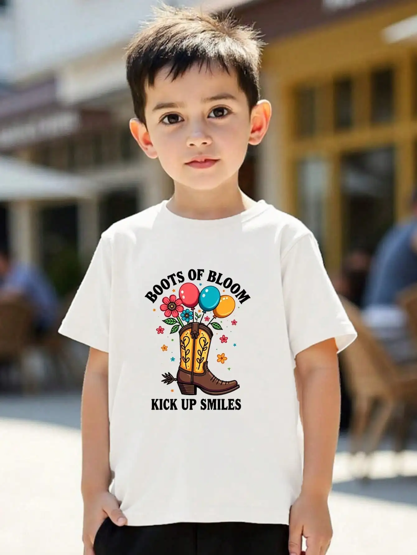 

Tween Girls/Boys Clothes, Western Cowboy Theme Cotton T-Shirt, White Casual Tee With Boot, Balloons, And Floral Elements