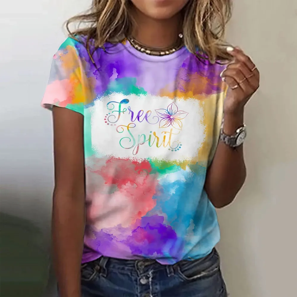 Summer Gradient Letter 3D Print T-shirts Women Streetwear Casual Fashion Y2k Short Sleeve T Shirt O-neck Tees Tops Clothing