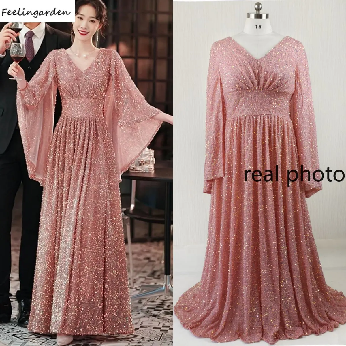 

Feelingarden Evening Dress Plus size Pink Sequins V-neck Full Sleeves Zipper Pleat A-line Floor Length Women Party Formal Gown