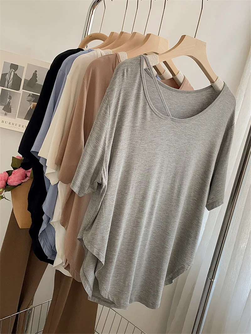 

plus Size 300 Pou Pure Desire Sexy ort Sve T-irt Women Loose Dance Yoga Clothes Irregular Hem Korean Sle Cotton Tee