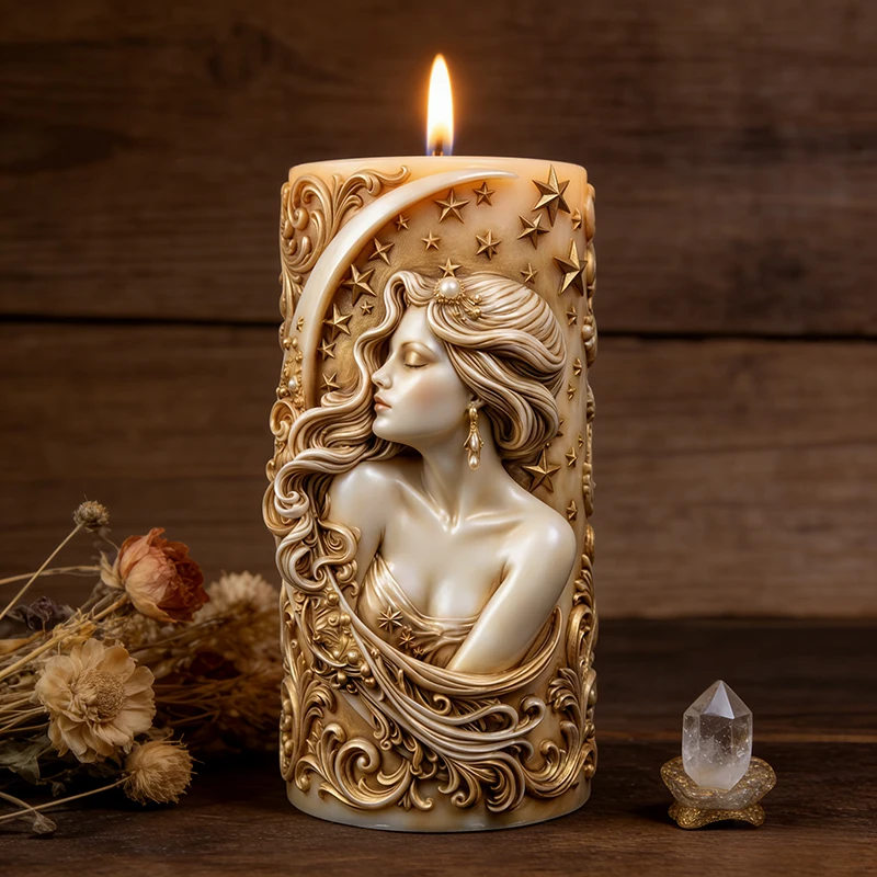 New Moon Star Goddess Scented Candle Silicone Mold - Silicone Mold for Making Scented Candles with a Woman's Profile with Eyes Closed and Star and Moon Motifs