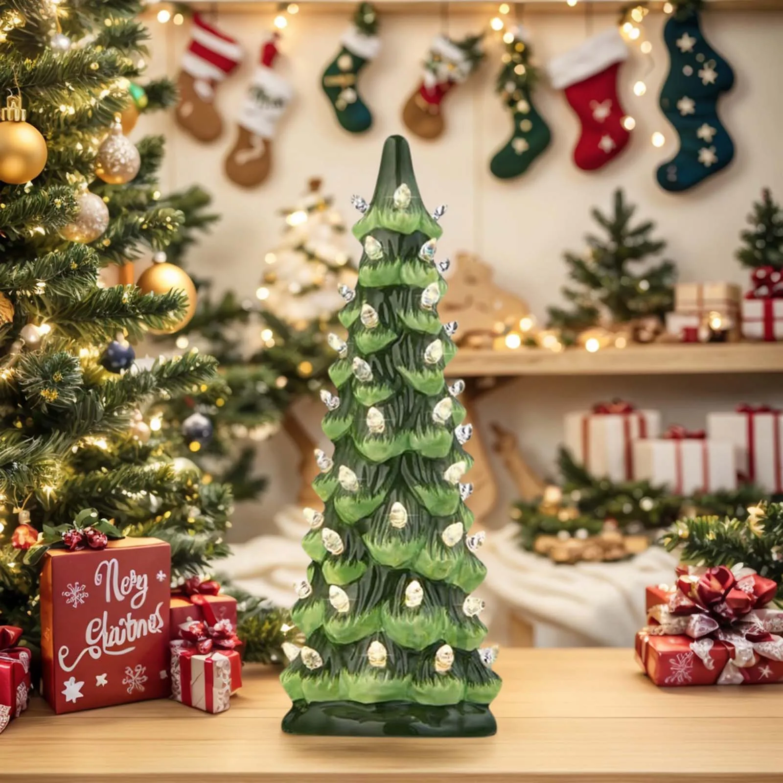 أشجار عيد الميلاد الرجعية المرسومة يدويًا على سطح الطاولة مع أضواء شجرة عيد الميلاد الراتنج المرسومة يدويًا لتزيين سطح المكتب والمكتب المنزلي