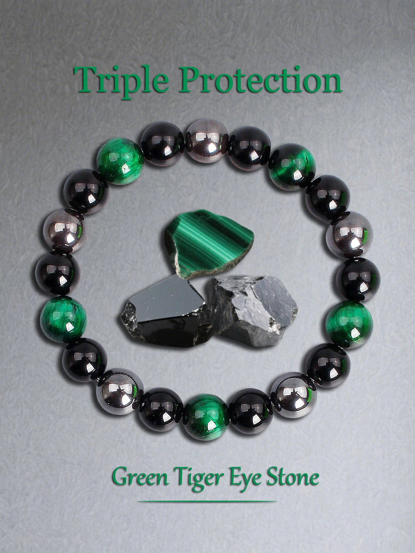 Green Tiger Eye Hematite Obsidian Triple Protection Bracelet for Good Luck Positive Energy Courage Grounding & Strength Jewelry
