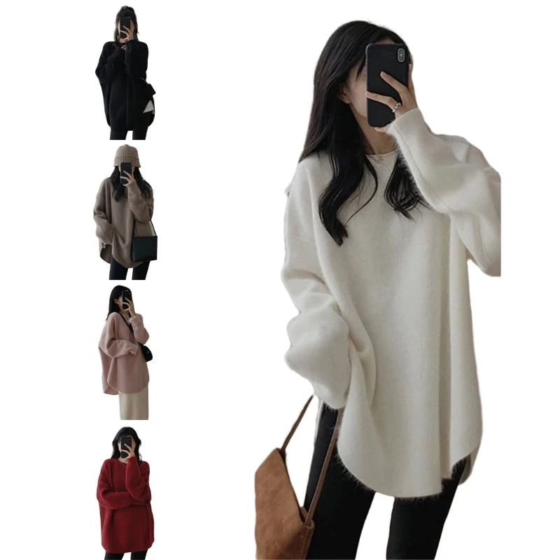 

Womens Autumn Winter Solid Color Oversized Loose Sweater Long Sleeve Round Neck Side Split Hem Knitwear Pullover Top