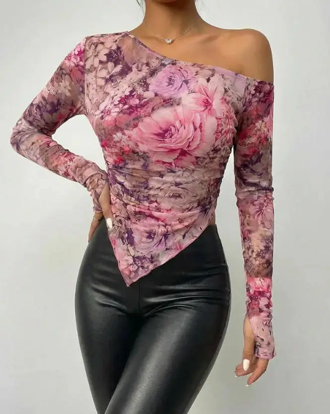 

Tight Fitting Women's T-Shirt for Spring Elegant and Sexy Floral Print Slanted Neck Off Shoulder Asymmetrical Design T-Shirt