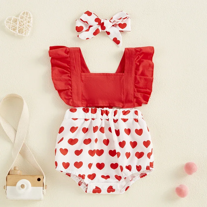 Infant Baby Girls Romper Valentine's Day Flying Sleeve Square Neck Heart Print Romper Jumpsuit Headband Newborn Clothes