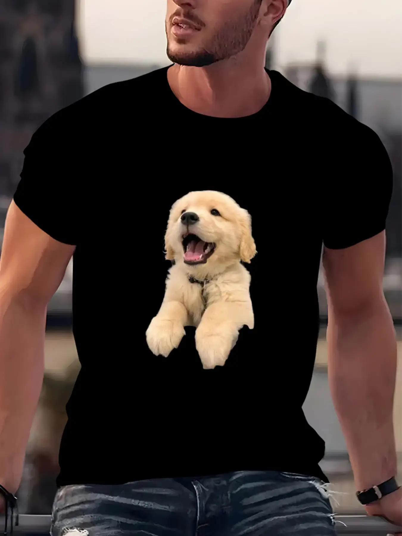 

Cute Golden Retriever Puppy Graphic Tee Men's Soft Breathable Casual Summer T-Shirt Round Neck Short Sleeve Trip Top