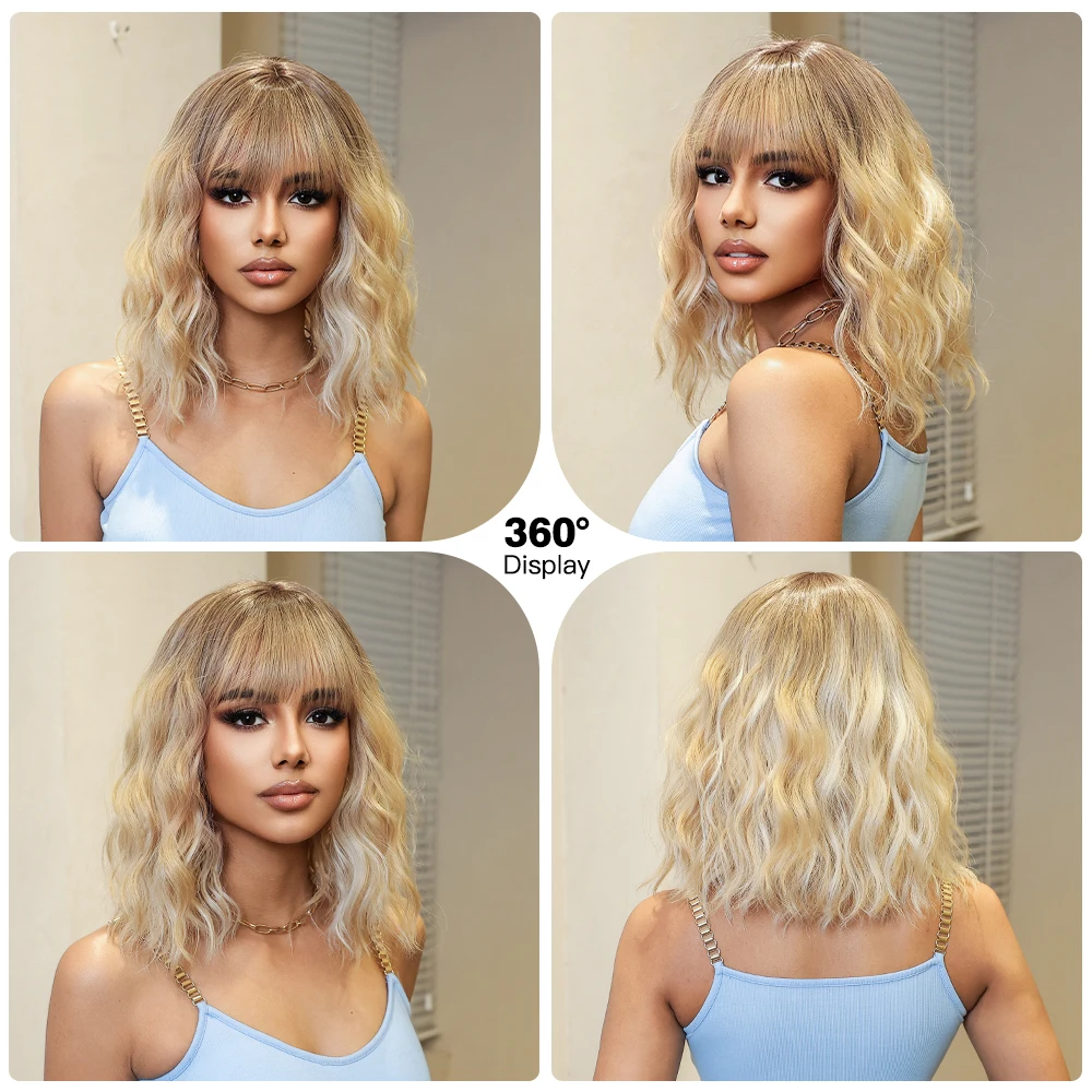 Synthetic Mixed Ombre Blonde Wig with Fluffy Bangs Short Wavy Curly Wigs for Black Women Heat Resistant Cosplay Party Hair Wig