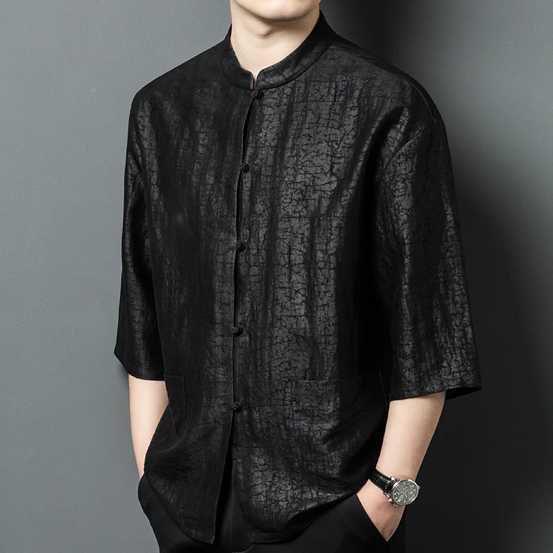 

High Quality Real Silk Men's Xiangyun Yarn Crack Stand Collar Shirt Summer Thin 3/4 Sleeve Retro Casual Top Men
