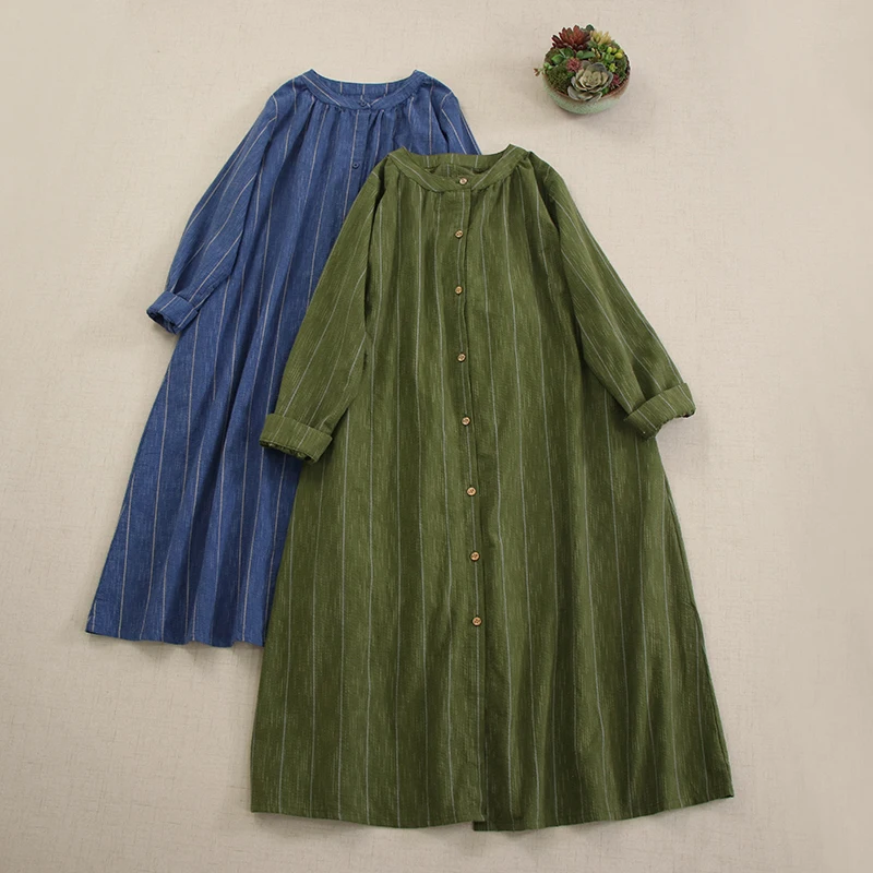 Primavera japoneses nuevos Vintage Mori Girl vestido camisero a cuadros mujeres verano cuello redondo manga larga Casual suelto vestido Midi de un solo pecho