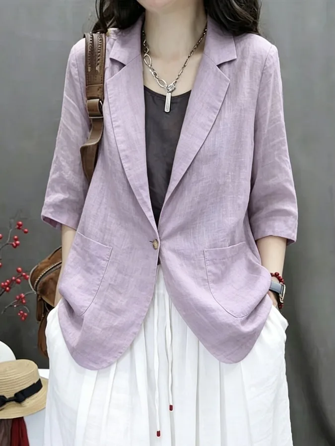 Retro Cotton Linen Short Sleeve Women's Jacket Thin One Button All Match Summer New Style Breathable Loose Fit Pure Color