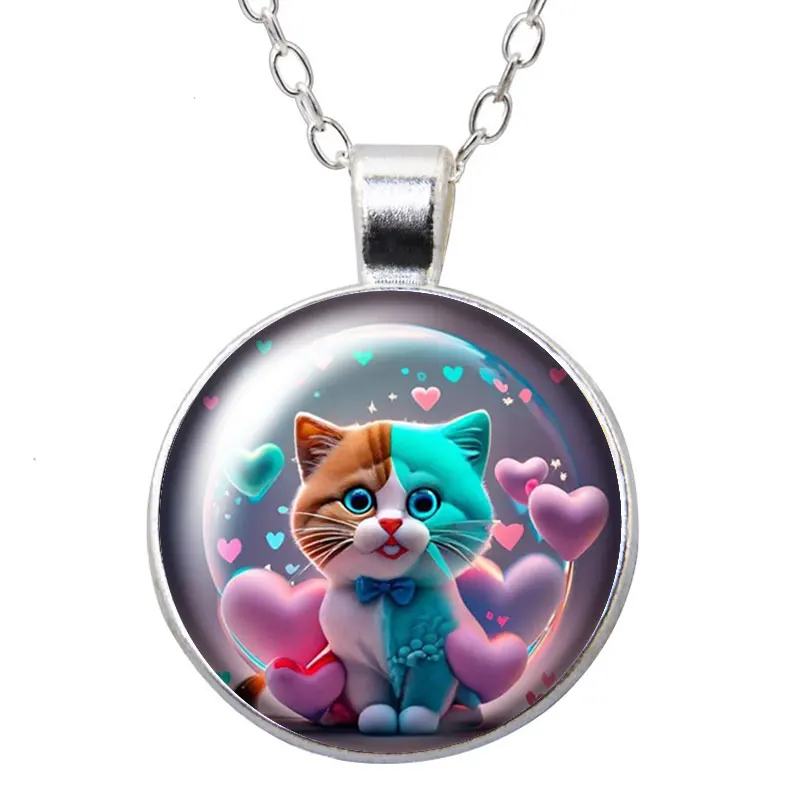 Cute cartoon Cats flowers bubbles Photo Round Glass cabochon necklace keychain brooch pin Aromatherapy car clips Custom jewelry - view 6