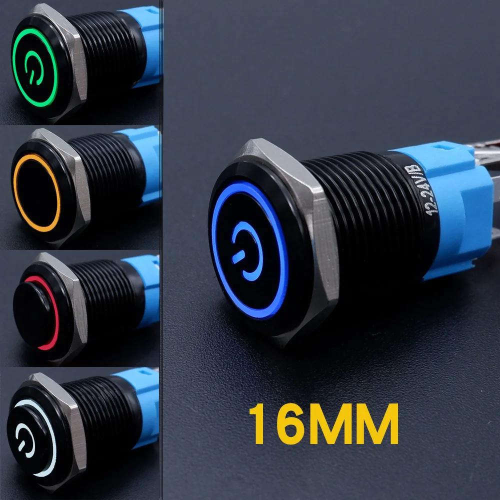 

Black Push Button Switch16mm High Flat Head Led Light Waterproof Illuminated Metal Latching Momentary 5V 12V 24V 220V Red Blue