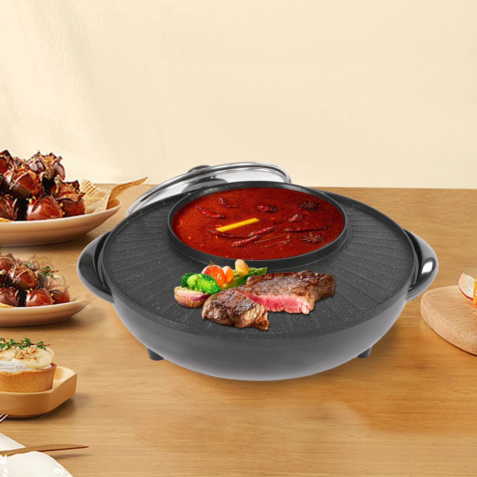 Circular Edition Hotpot Grill Combo Indoor BBQ, Electric Hot Pot with Divider, Portable Smokeless Grill