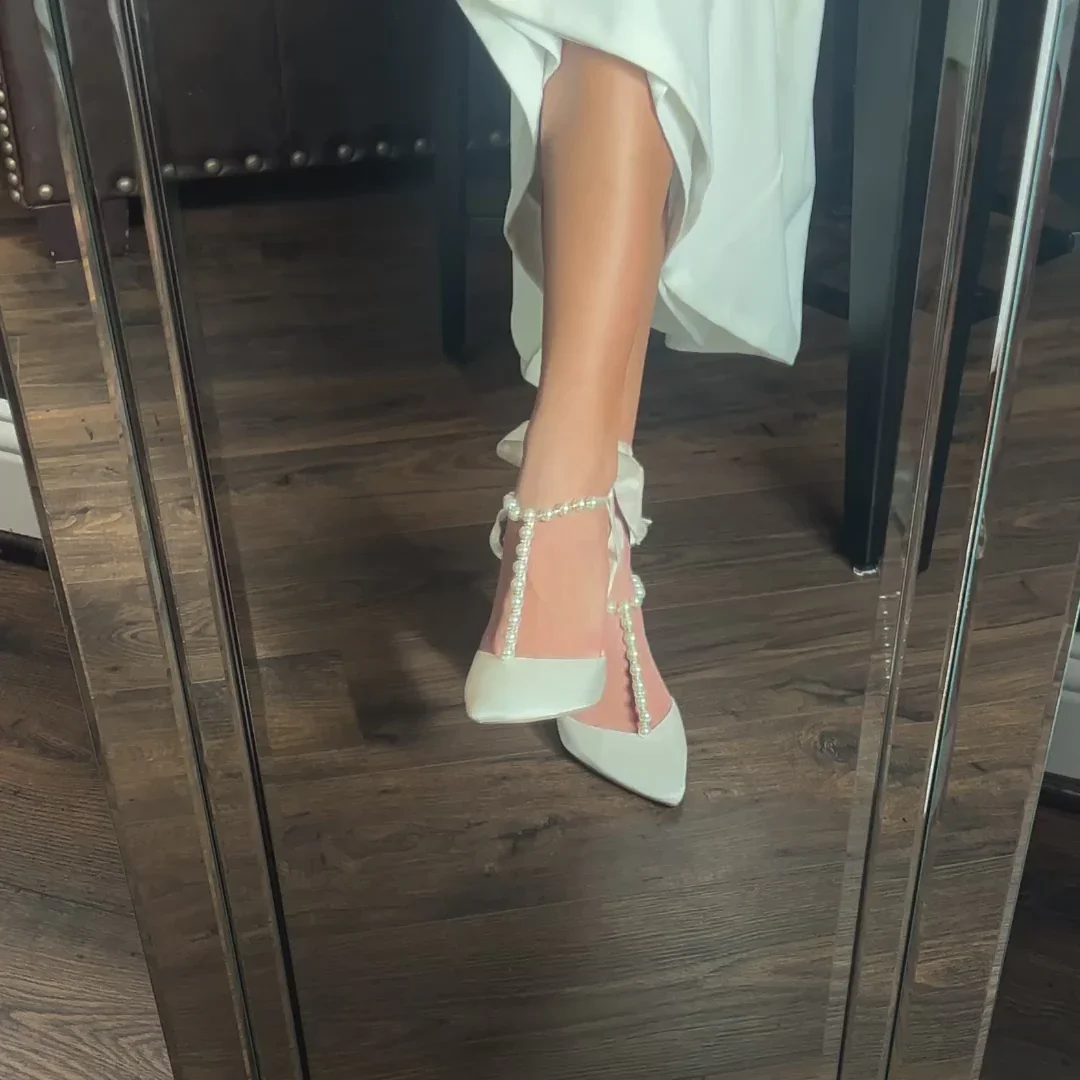 Sandálias de casamento de cristal com renda pérola para mulheres, sapatos elegantes de salto alto de cetim branco, moda casual feminina, tamanho grande