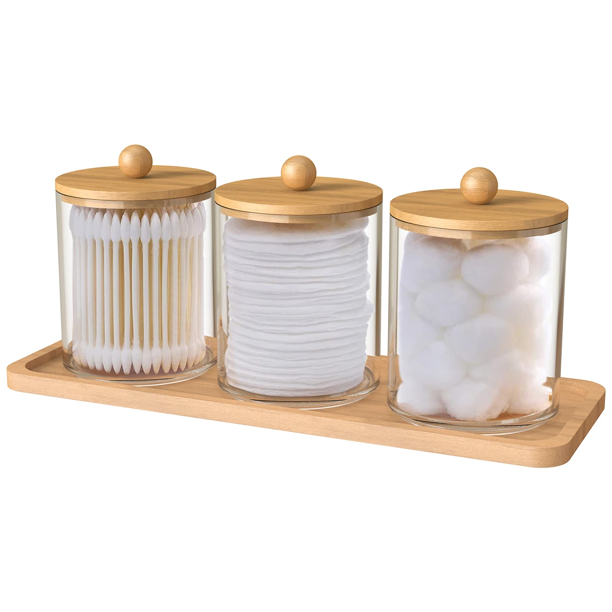 3Pcs Qtip Holder Dispenser with Bamboo Lids Clear Acrylic Bathroom Jars with Tray Cotton Swab Storage Dispenser Reusable