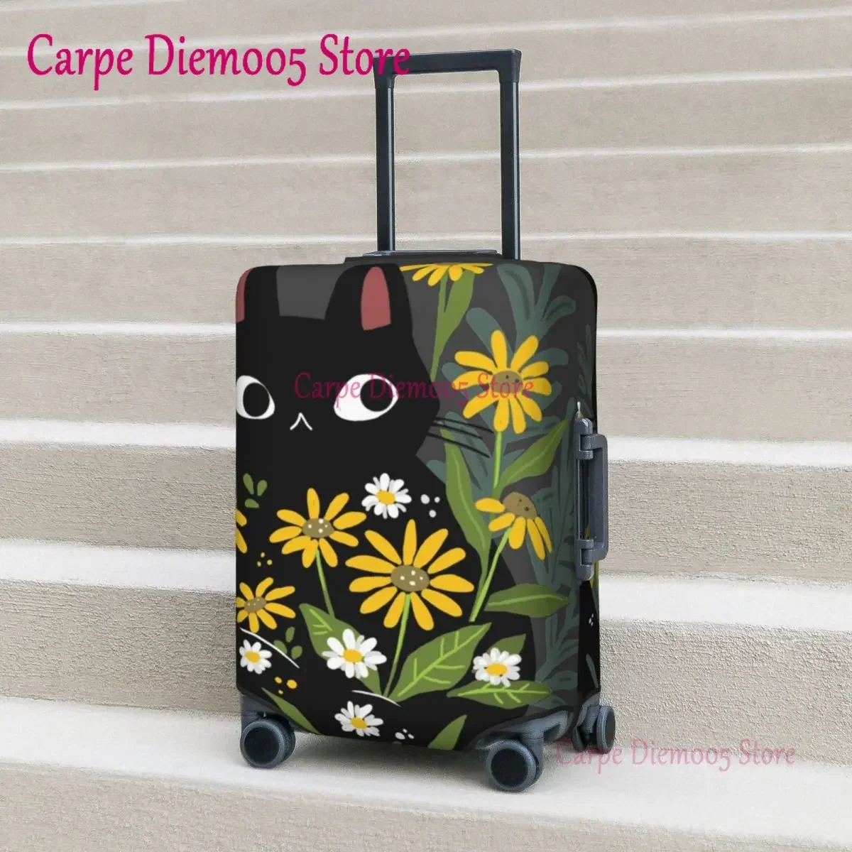 

Black Cat Suitcase Cover Flight with flowers Fun Luggage Supplies Business Protector