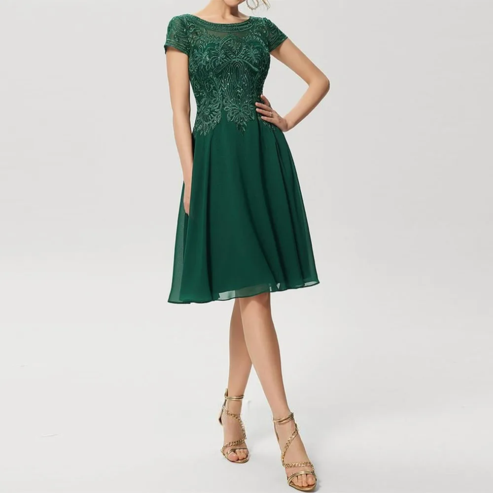 

Customized Mother of Bride Dresses Short Sleeve Lace Chiffon A-Line Scoop Formal Dress Knee-Length Cocktail Dress with Sequins