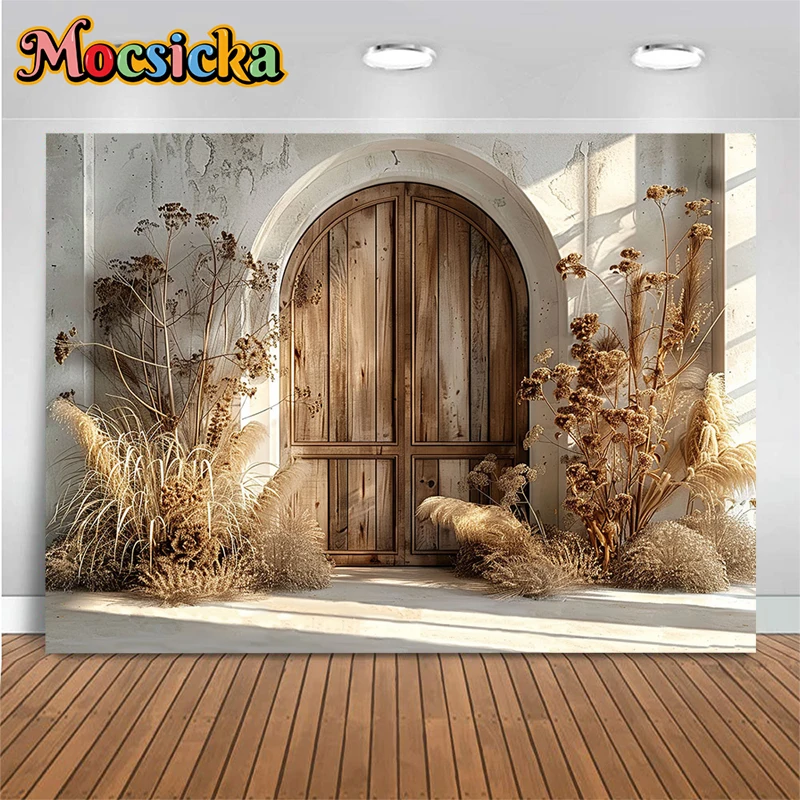 Mocsicka Wooden Door Background For Photography White Wall Flower Plant Potted Plant Photo Studio Backdrop Decoration Photozone