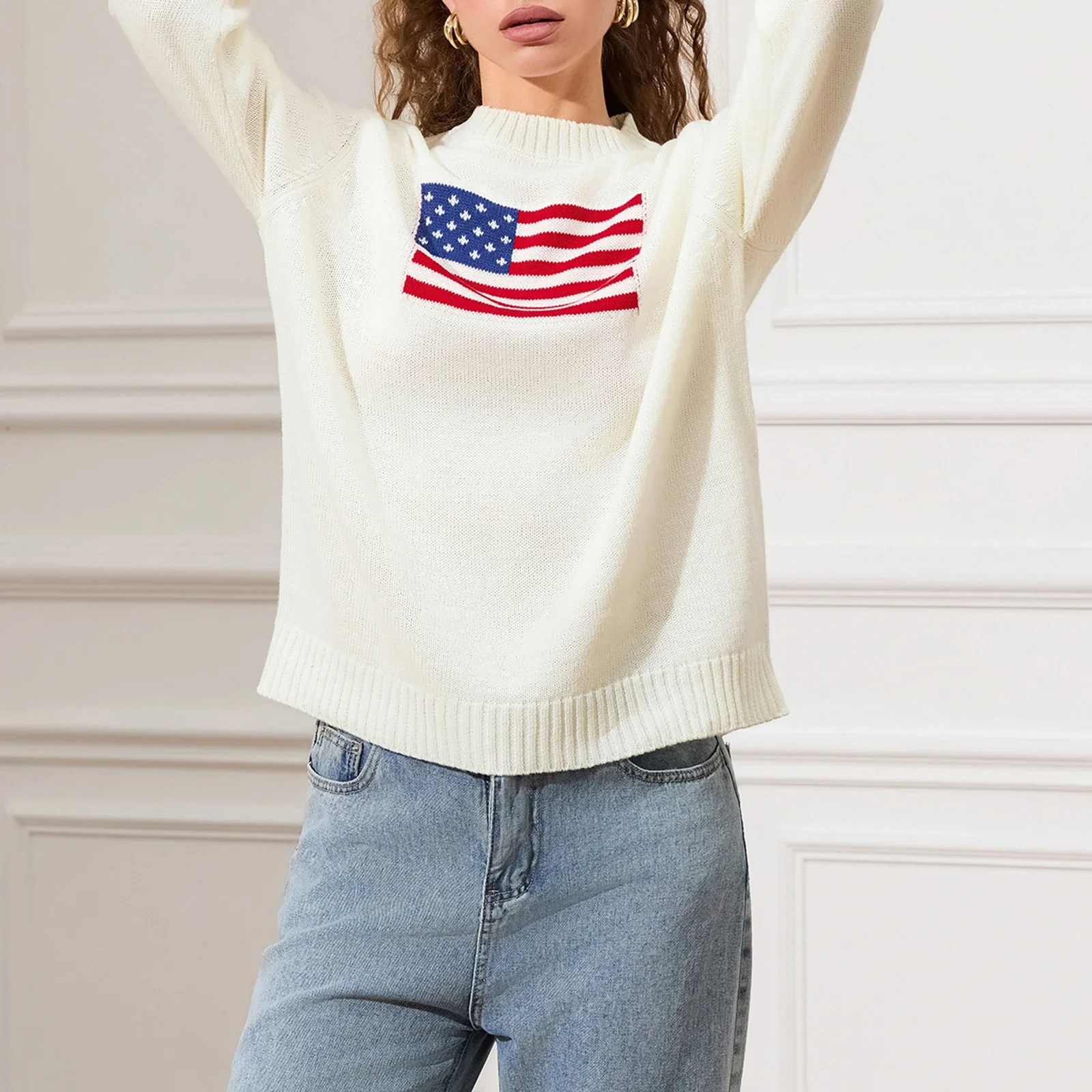 E-Girls Women's Flag Sweaters Casual Loose Long Sleeve Sweatshirts Casual Crew Neck Loose Fit Knit Pullover Jumper Tops Sweaters