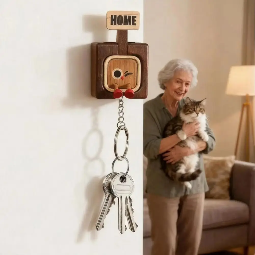 Creative Wall Mount Wooden Key Holder Funny Face Expressions Cartoon Entryway Key Rack Home Decor Key Hooks