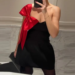 Sexy Strapless High Waist Christmas Dress Fashion Hollow Out Sleeveless A-line Dresses Red Bow Patchwork Women's Banquet Dress