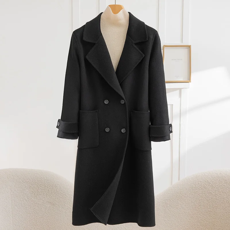 

Fall/Winter 2025 Double-sided 100% Pure Wool Coat Women's Double-breasted Korean Cashmere Coat with Pocket.
