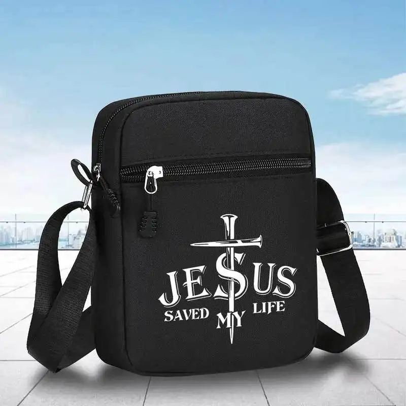 Jesus Saves My Life Crossbody Bag with Strap Handbag for Teens and Church Black White Lettering Travel Pouch Pattern Accessory