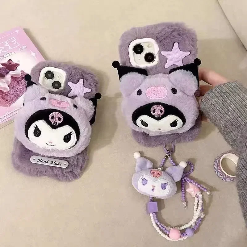 Cartoon Cute Animation Sanrio Kuromi Plush Phone Soft Case for IPhone 12 13 14 15 16 Pro Max Case Plush Winter Kawaii Gift