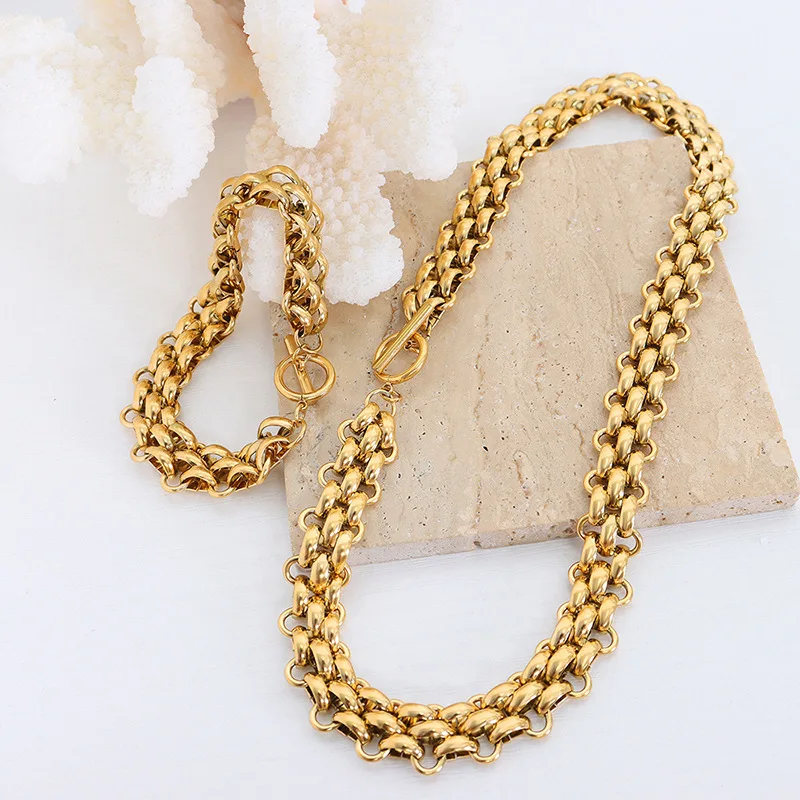 GANPUP 316L Edelstahl Wasserdicht Gold Farbe Metall Kubanische Kette Aussage Halskette Armband Set Charme Mode Schmuck Frauen – Detail 11