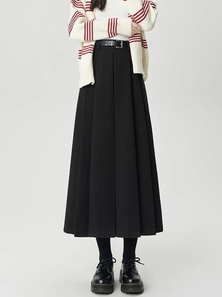 تنورة أنيقة من الصوف السميك ذات ثنيات للنساء عالية الخصر فضفاضة كبيرة سوينغ العمل مكتب OL التنانير الطويلة سيدة #5