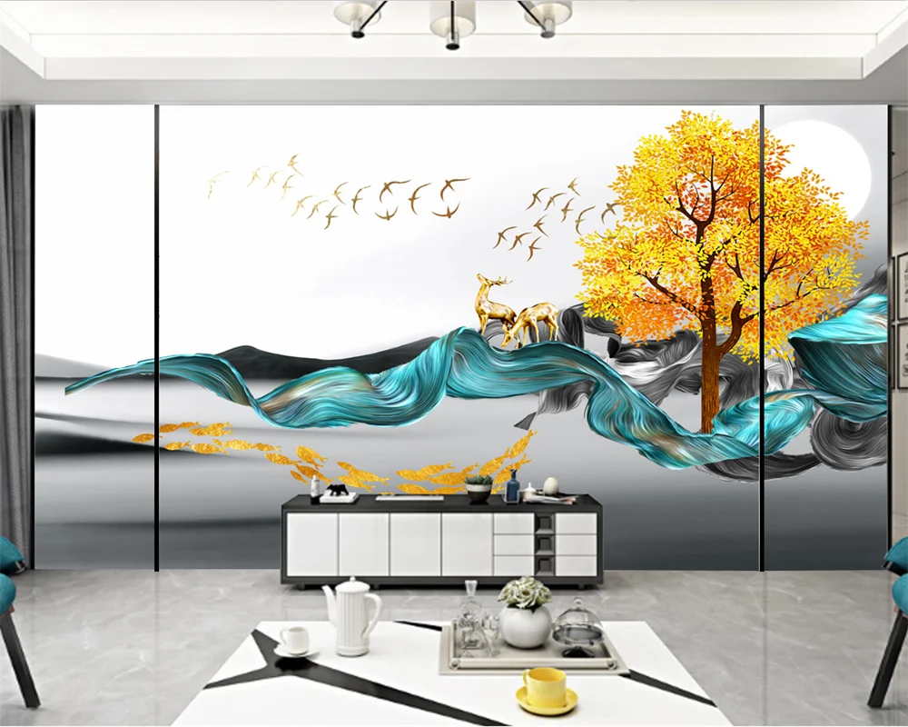 

beibehang Custom Modern Abstract Ink Deer Tree Bird New Moisture-proof Marble Background Wallpaper papier peint wallpapers