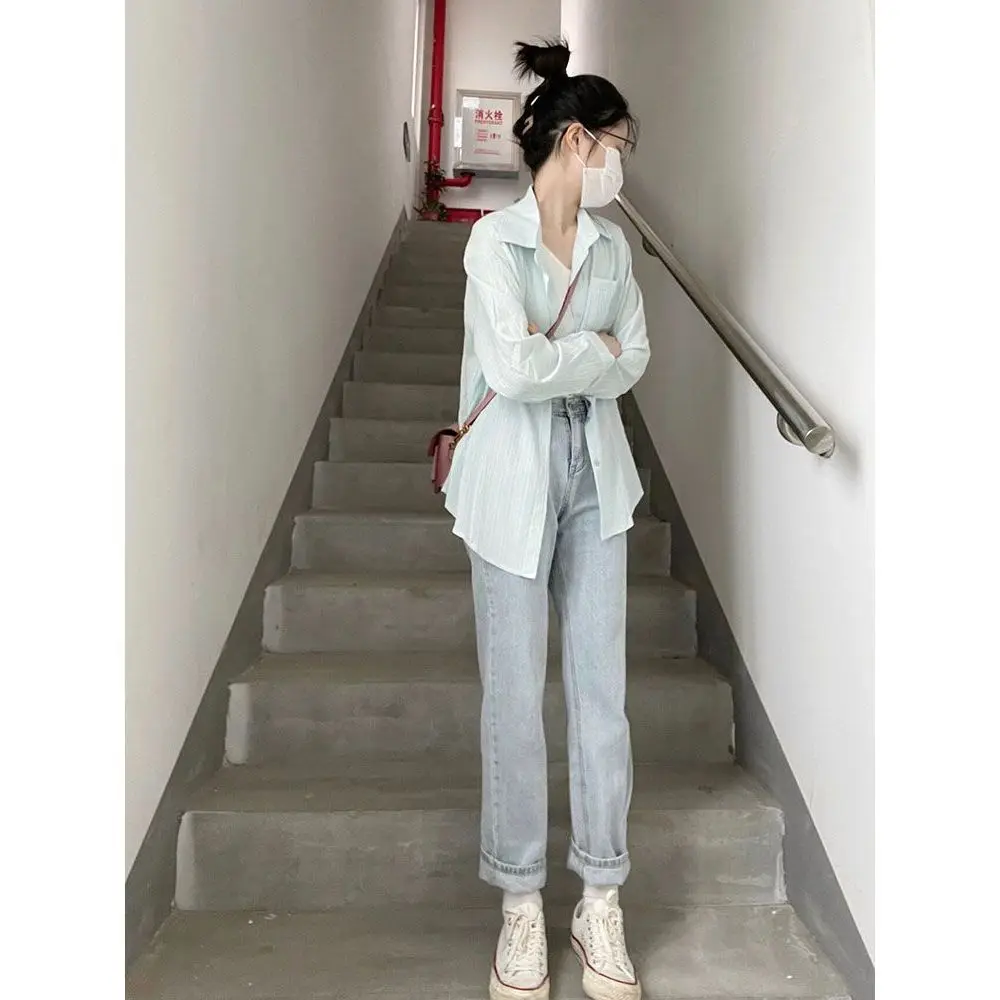 

Long Sleeve Shirts Womens Striped Button Down Tops Lantern Sleeves Slim Fit Pleated Hem Polka Dot Preppy Feminine Retro French