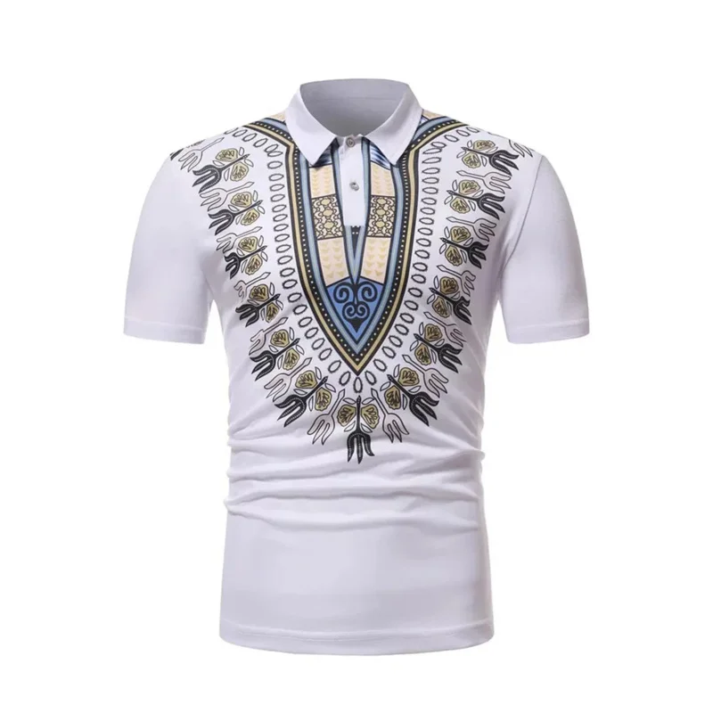 Fashion African dashiki print short sleeves polo shirt men white pullover top slim turn down collar tee shirt for men plus size