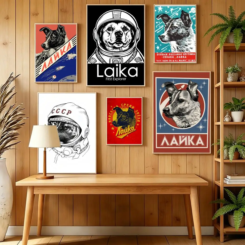 Gagarin Space Art L-Laika Dog Poster HD Self Adhesive Wall Mural Stickers Decals for Bedroom Living Room Home Decor Gift