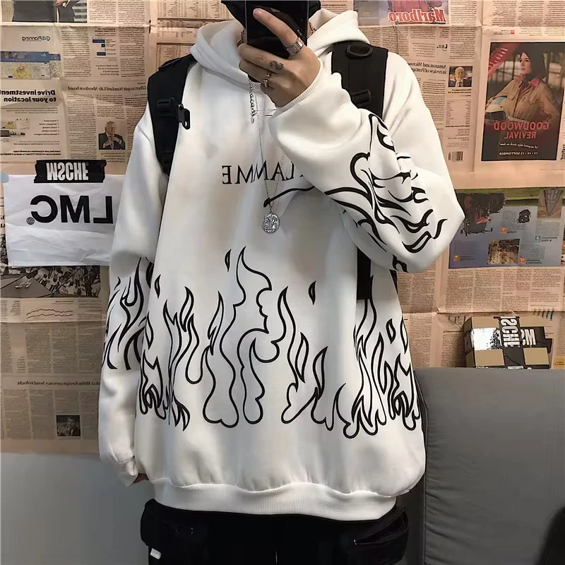 Korean Autumn And winter Street Trend Hoodie Flame Print Loose Oversized Casual Sports Shirt For Men Women Children Same Style